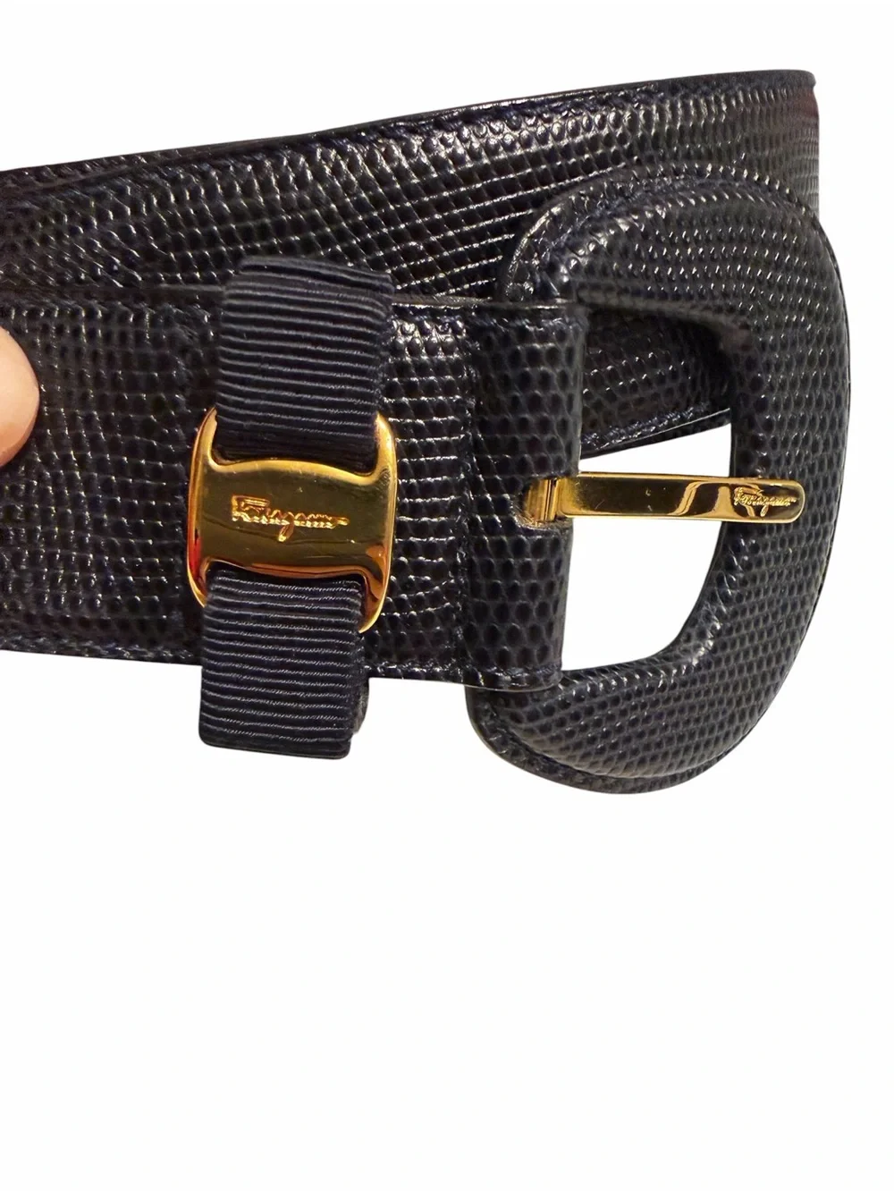 Salvatore Ferragamo Black Textured Leather Belt with Gold Buckle 71cm